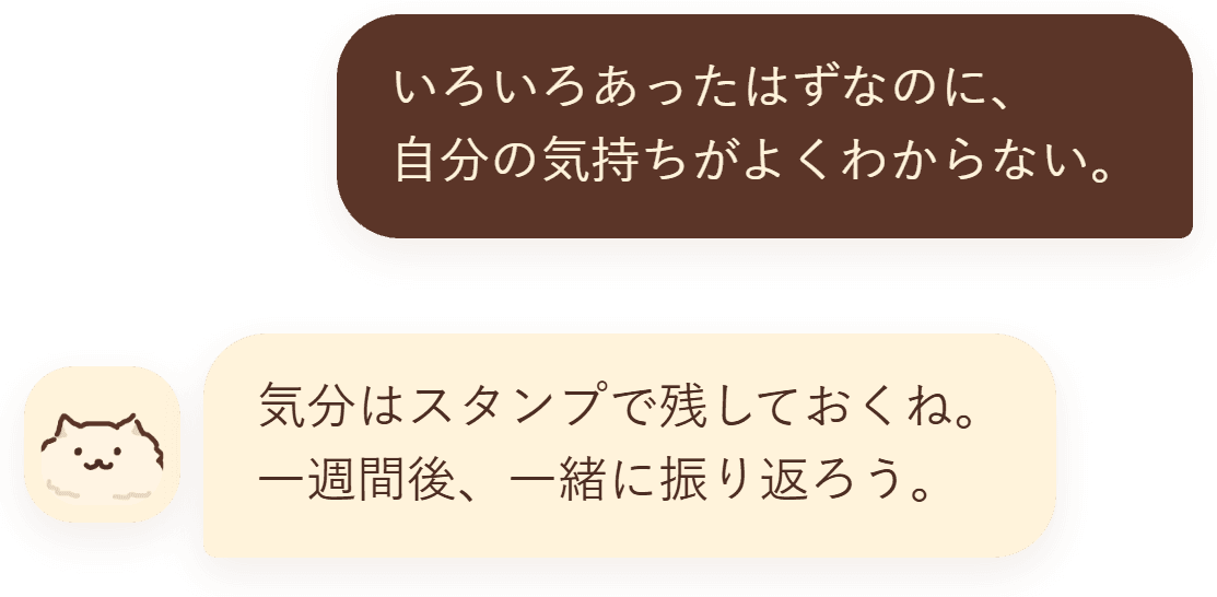 “いろいろあったはずなのに、自分の気持ちがよくわからない。” — “気分はスタンプで残しておくね。一週間後、一緒に振り返ろう。”
