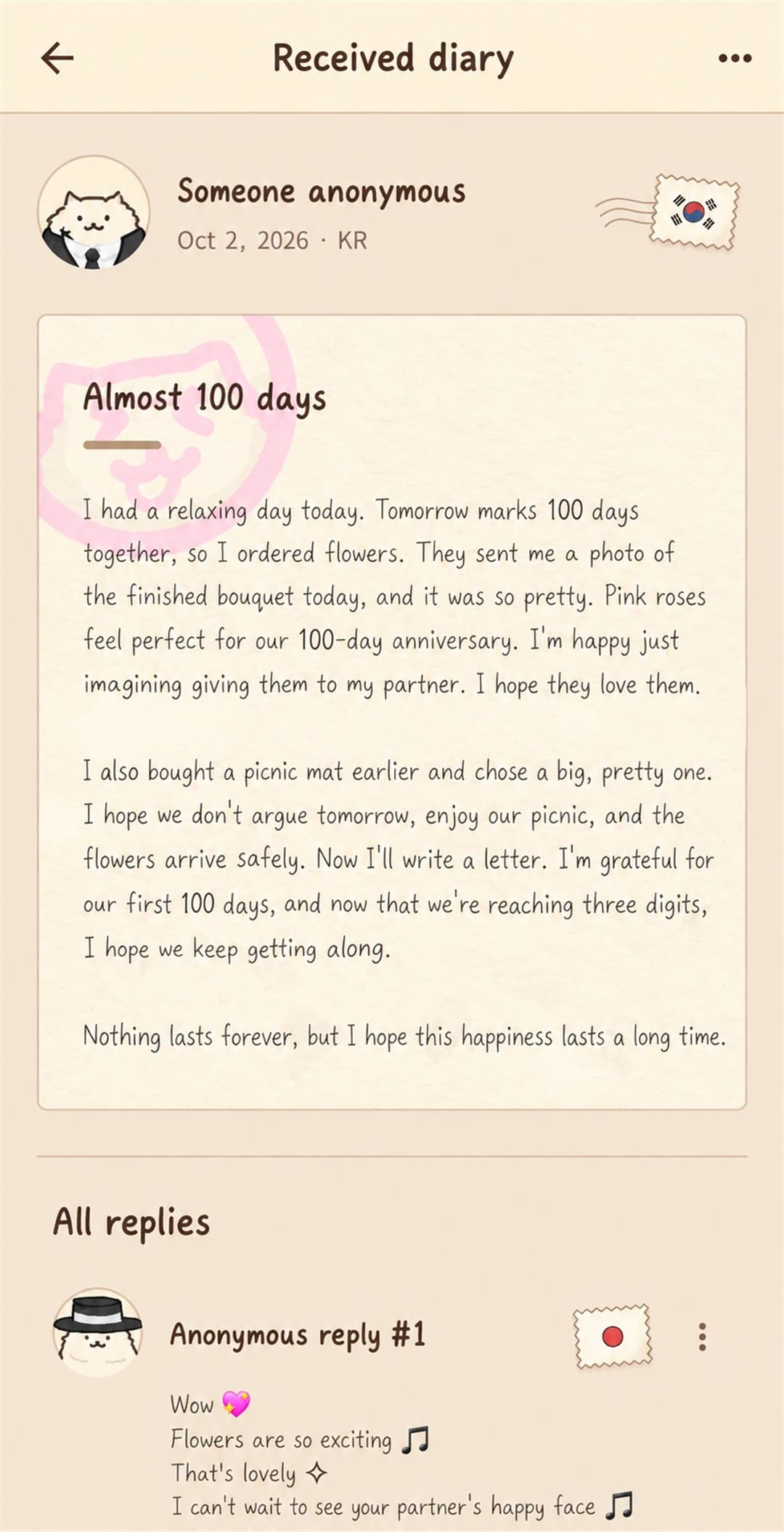 A diary received from an anonymous someone, with replies