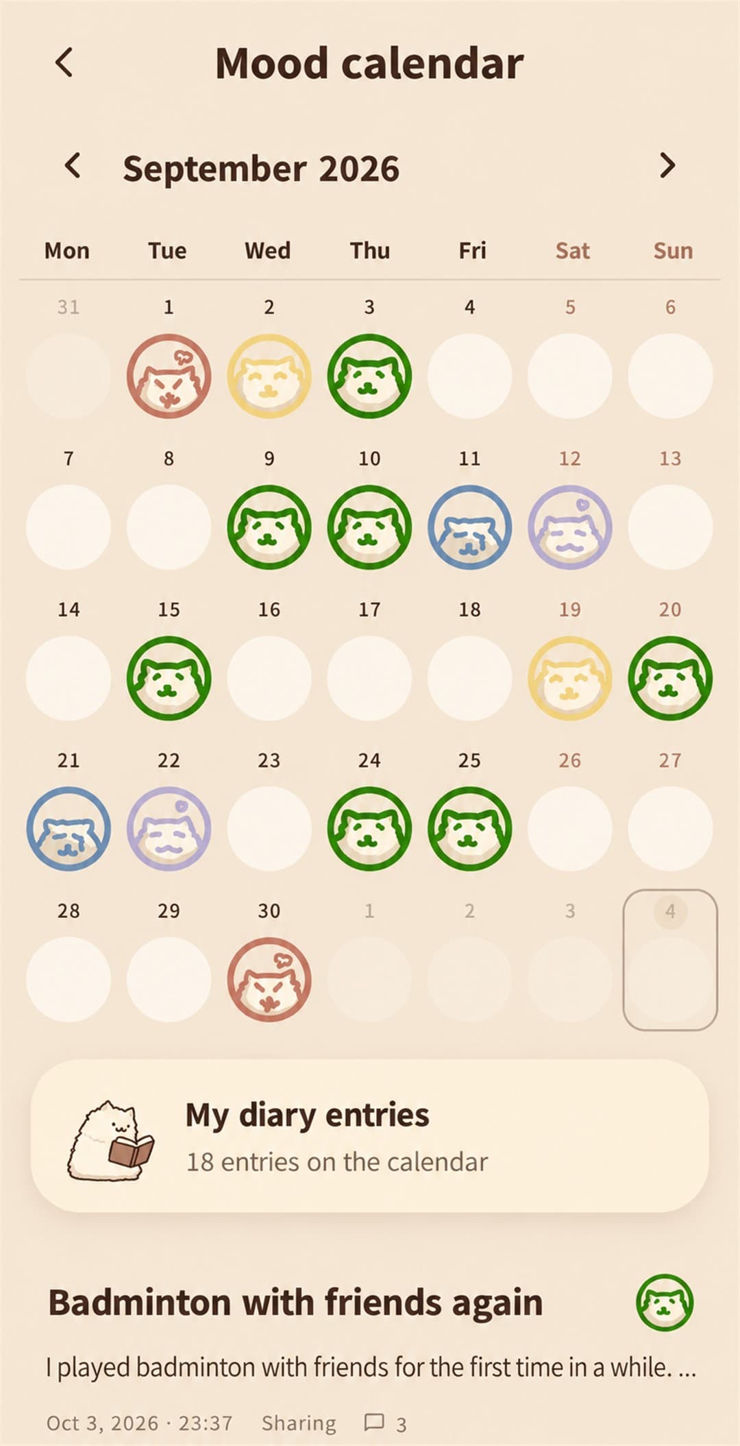 Mood calendar filled with cat-face mood stamps