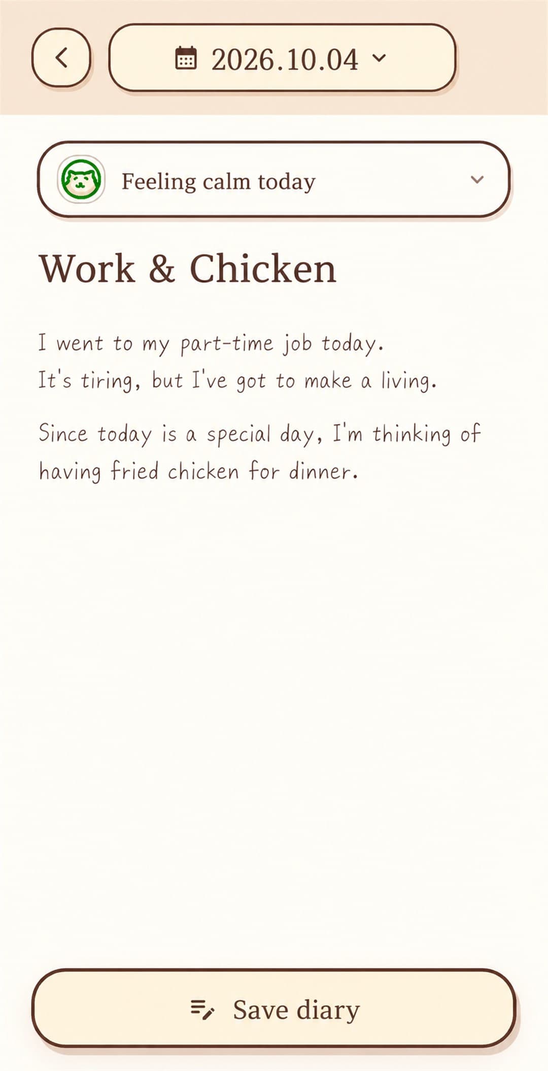 Diary entry created from the chat, titled “Work & Chicken”