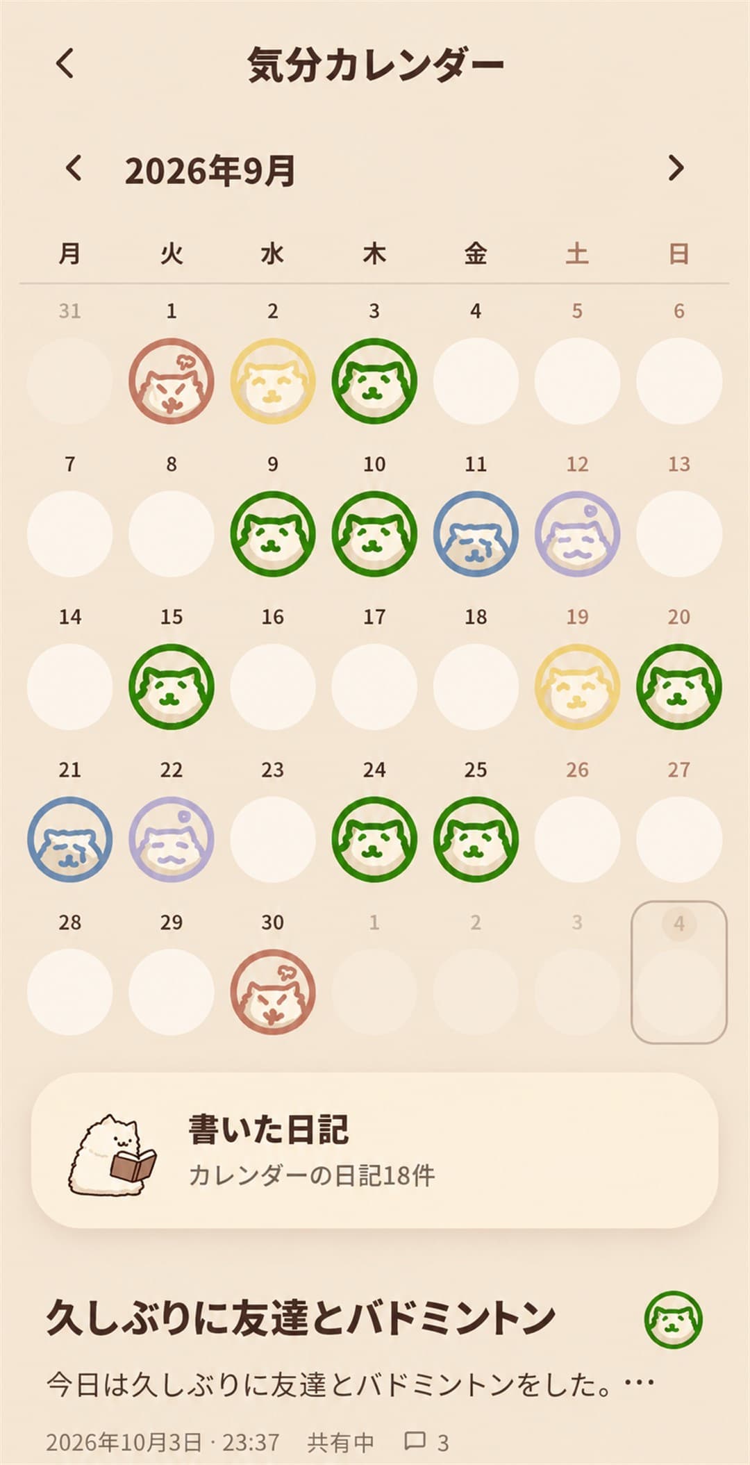 ねこの顔の気分スタンプが押された感情カレンダー